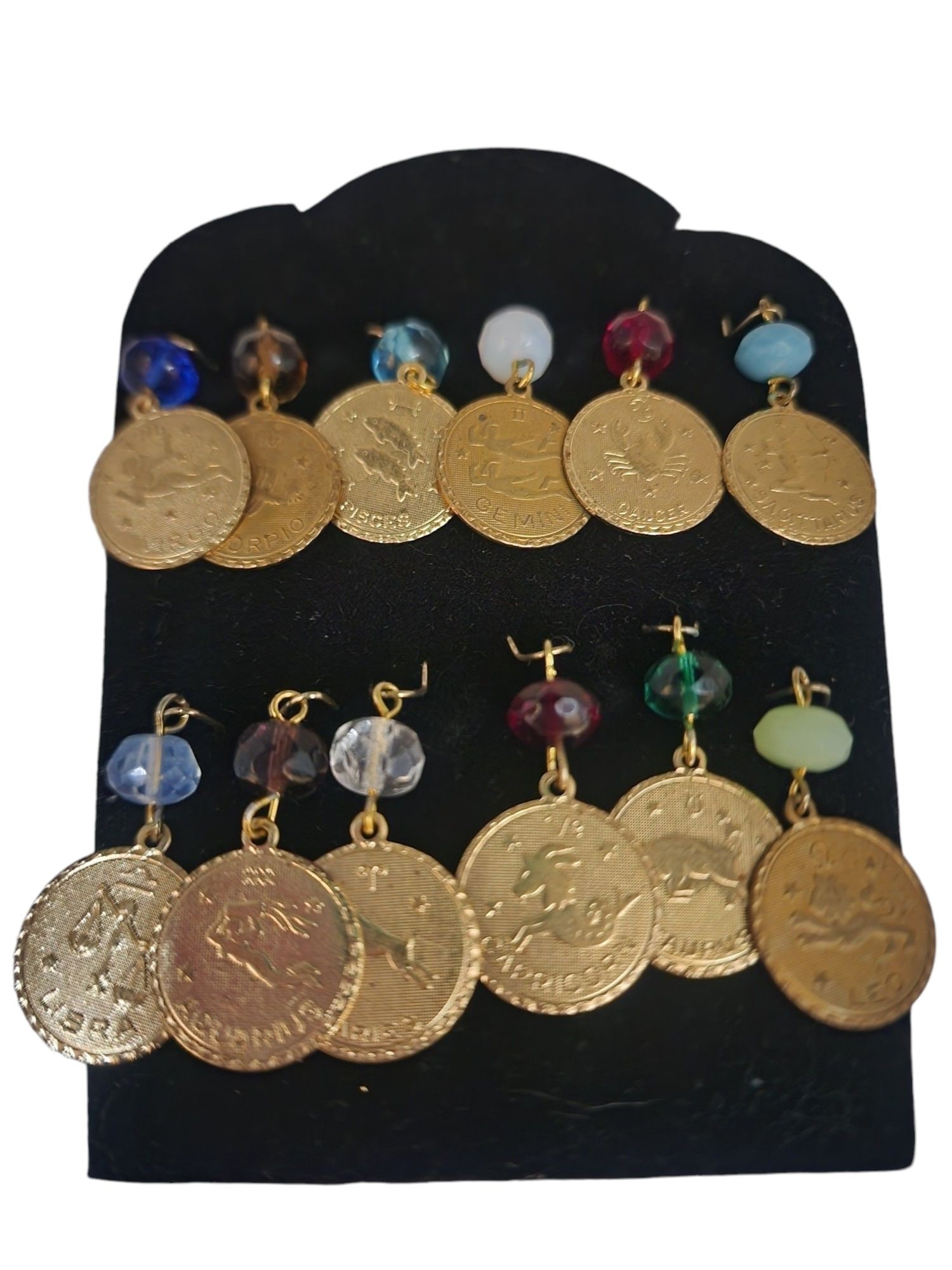 VINTAGE SAMPLE BOARDS OF 12 ZODIAC CHARMS WITH GLASS BEADS: Vintage Sample Boards Of 12 Zodiac Charms With Glass Beads (A4388) Color: Multicolor Condition: Very good vintage Signed: None Details: On neck stand WE PROVIDE FREE IN-HOUSE SHIPPING WITHIN THE U.S.