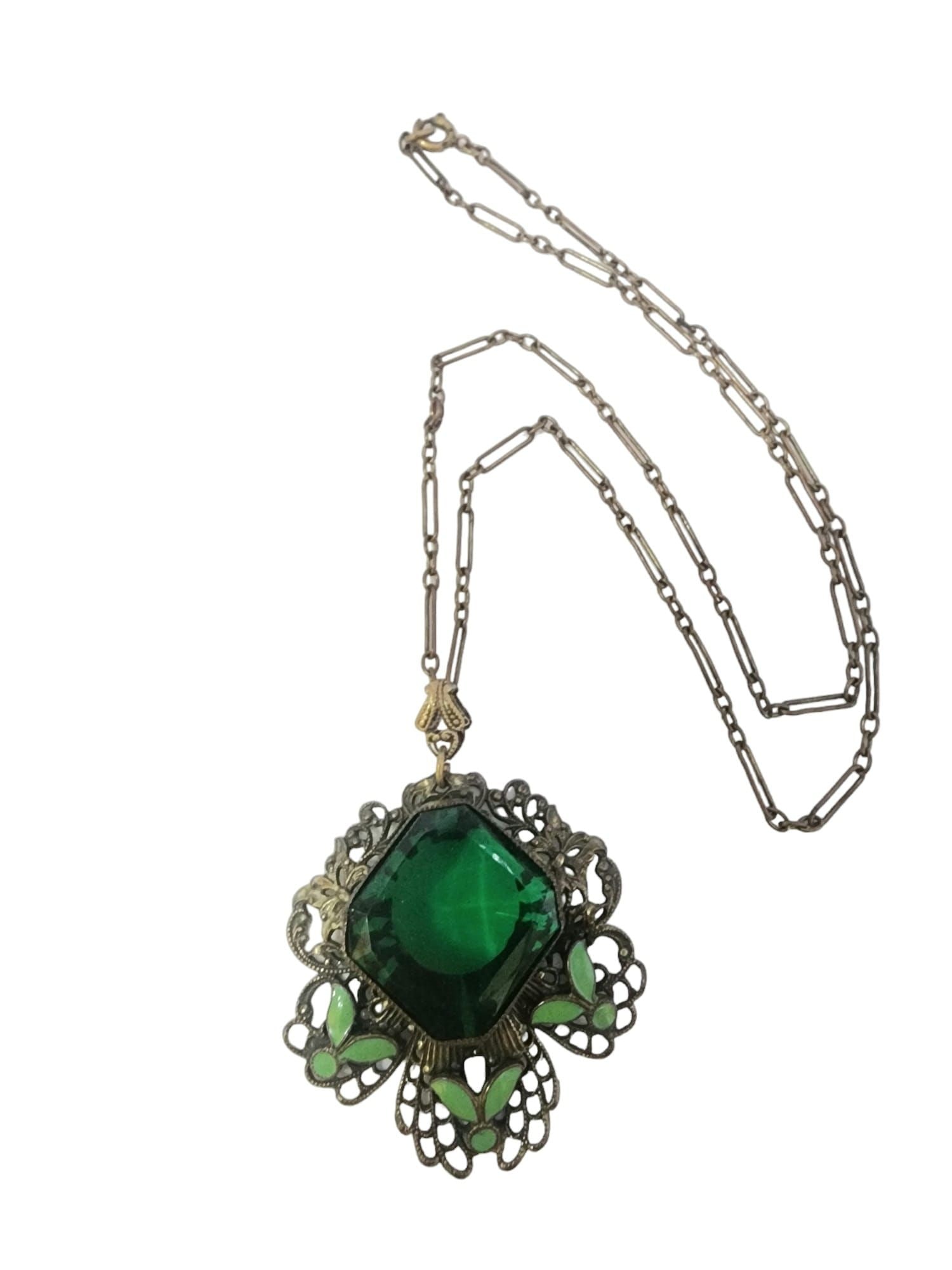 STUNNING ART DECO CZECH GLASS ENAMEL PENDANT NECKLACE ON PAPER CLIP CHAIN: Stunning Art Deco Czech Glass Enamel Pendant Necklace On Paper Clip Chain (A4389) Measurement: - Chain 22" - Pendant 2" Color: Green, gold Condition: Very good vintage; there are some small flea bites