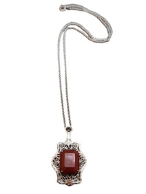 VINTAGE THE NMFG SIGNED CARNELIAN GLASS RHODIUM PLATED PENDANT NECKLACE