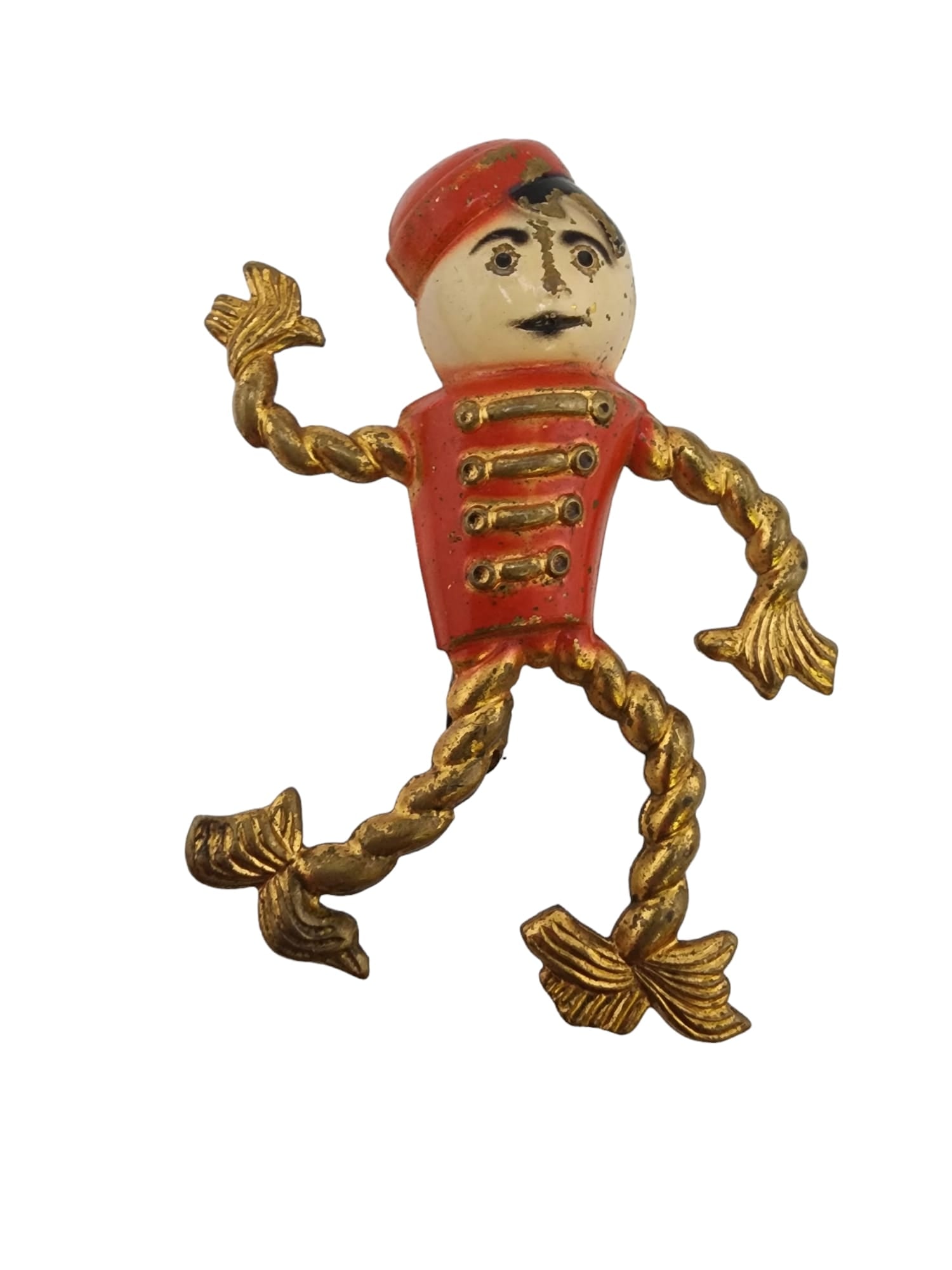 EARLY ENAMELED OVER BRASS BELL HOP FIGURAL BROOCH: Early Enameled Over Brass Bell Hop Figural Brooch. In very nice condition, 2.25", c clasp closure. WE OFFER IN-HOUSE SHIPPING AS WELL AS LIVE SHIPPING !! If you would like us to ship your item, Please