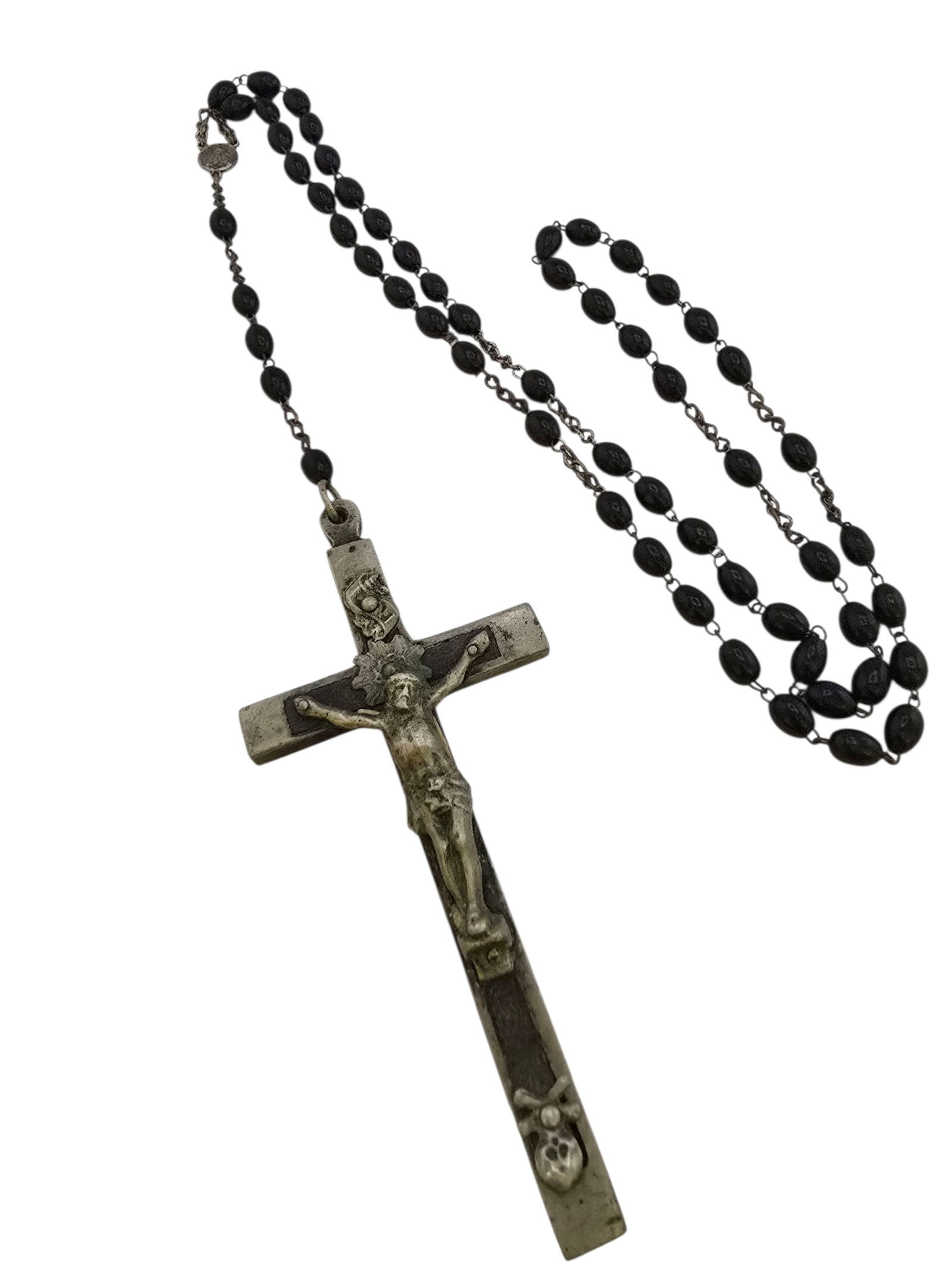 VINTAGE WOOD? LARGE ROSARY CROSS NECKLACE: VINTAGE WOOD? LARGE ROSARY CROSS NECKLACE. 32" LONG AND 4" CROSS PENDANT. VERY LIGHT BEADS EITHER RESIN OR LIGHT WOOD. IN GOOD CONDITION. WE PROVIDE FREE IN-HOUSE SHIPPING WITHIN THE U.S.