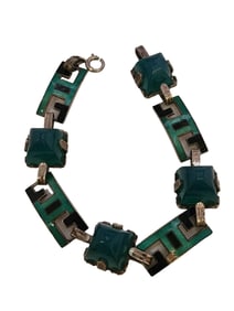 ANTIQUE ART DECO HALLMARKED STERLING, ENAMEL & SUGAR LOAF CHRYSOPRASE BRACELET