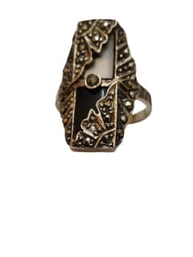 SPECTACULAR STERLING, MARCASITE, OPAL AND ONYX RING SIZE 6.5