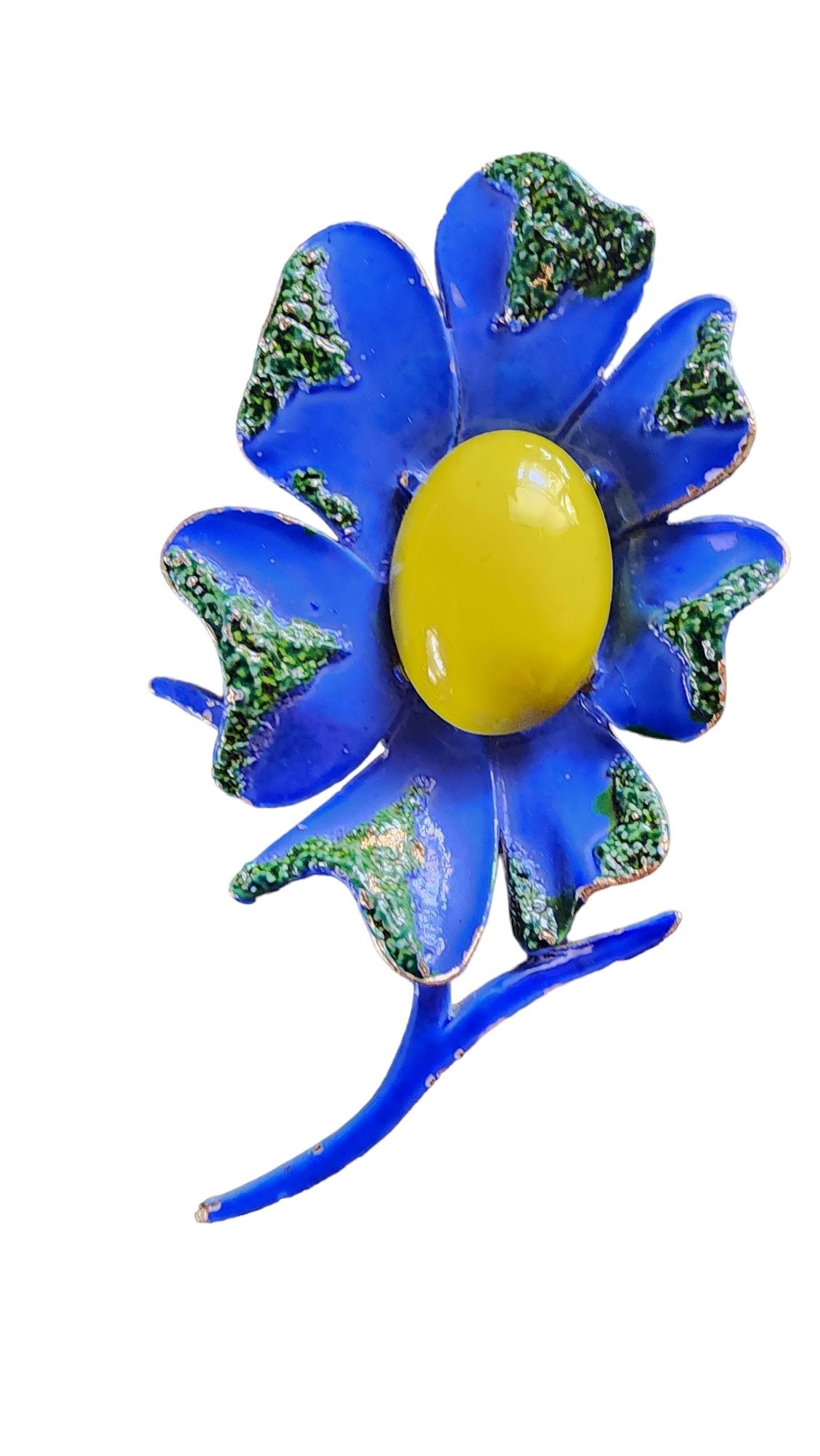 VINTAGE ART ARTHUR PEPPER ENAMEL & ACRYLIC FLOWER BROOCH: Vintage Art Arthur Pepper Enamel & Acrylic Flower Brooch (A4173) Size: 3.25" Color: Blue, Yellow Condition: Good vintage Signed: ART WE PROVIDE FREE IN-HOUSE SHIPPING WITHIN THE U.S.