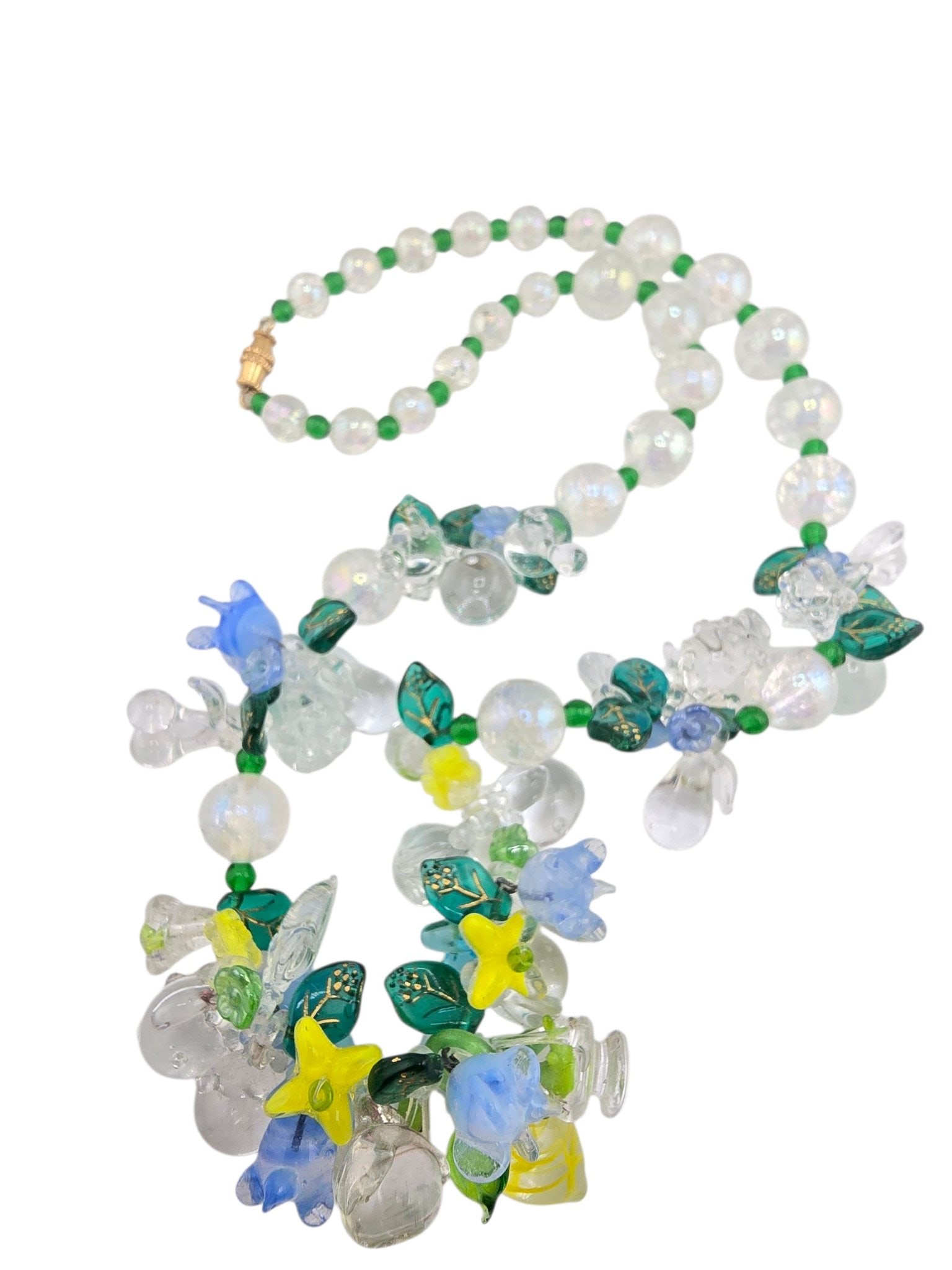 FABULOUS AB CONFETTI BEADED GLASS FRUIT SALAD NECKLACE: FABULOUS AB CONFETTI BEADED GLASS FRUIT SALAD NECKLACE. AMAZING NECKLACE, THE BEADS LOOK LIKE BUBBLE WITH A CONFETTI AB LOOK TO THEM. BEAUTIFUL MOLDED FRUIT AND FLOWERS, BARREL CLASP CLOSURE, 22".