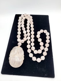 VINTAGE HAND KNOTTED ROSE QUARTZ PENDANT NECKLACE