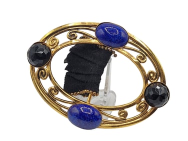 HUGE VINTAGE BUCKLE W/ PRONG SET LAPIS GLASS & JET FACETED RHINESTONE