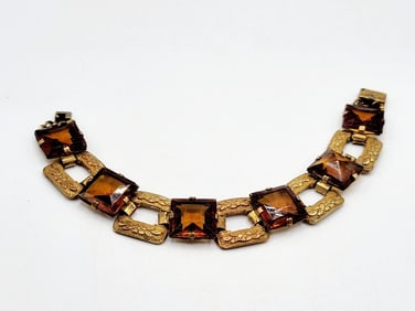 WONDERFUL FACETED CZECH GLASS & FLORAL BRASS LINK BRACELET