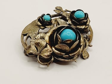 RAISED DOME & TURQUOISE RESIN FLOWER VINTAGE BROOCH