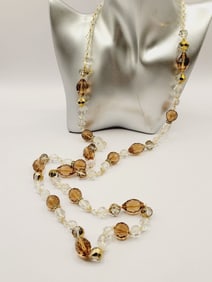HEAVY FACETED ART DECO ROCK CRYSTAL & RHINESTONE RONDEL KNOTTED NECKLACE