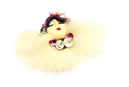 VINTAGE 80'S FAUX FUR PORCELAIN LADY BROOCH