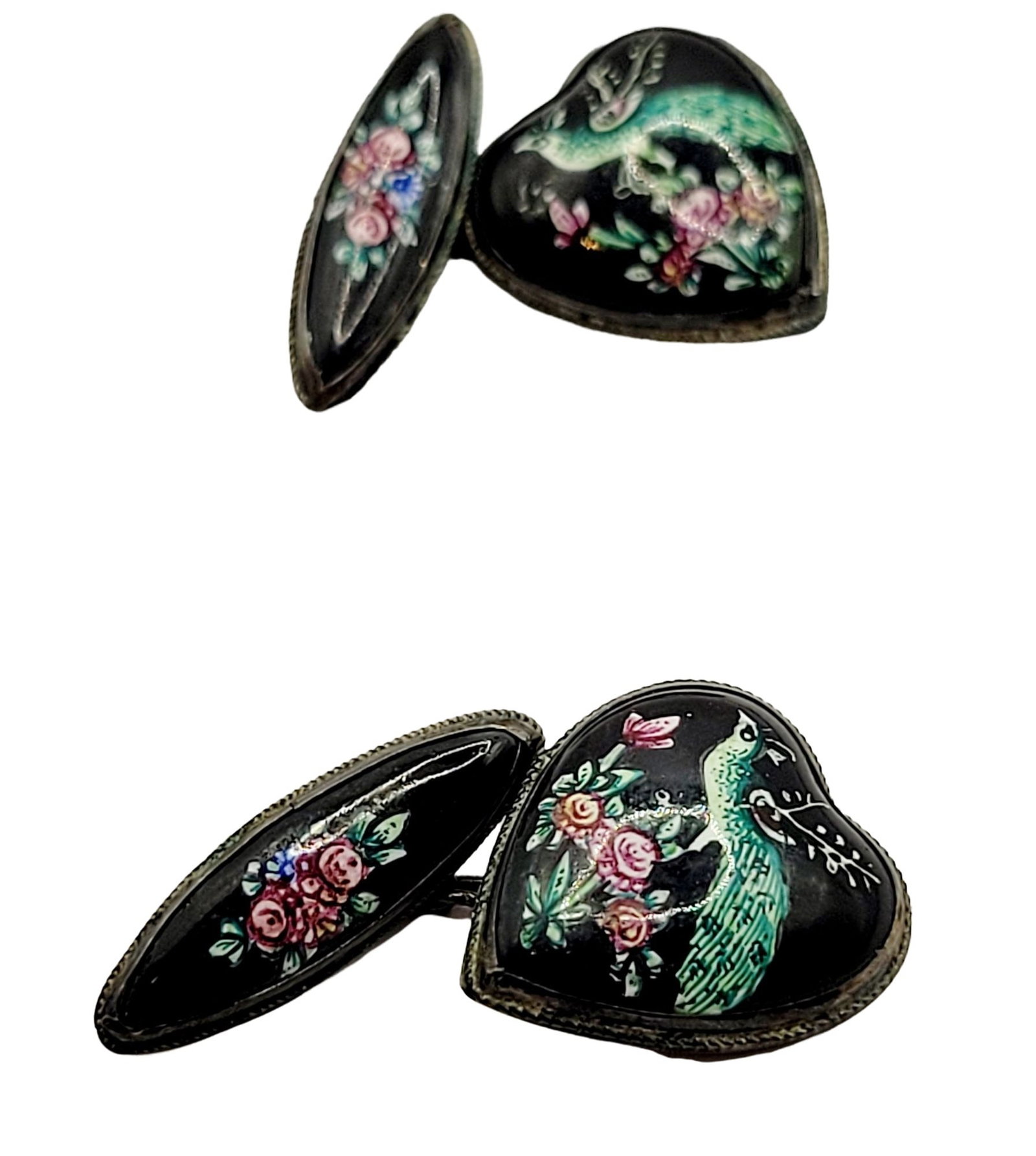 ANTIQUE SILVER & GUILLOCHE PHEASANT HEART CUFFLINKS (1 of 4)