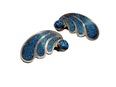 SIGNED MEXICO TB-46 925 STERLING SILVER CRUSHED TURQUOISE CLIP EARRINGS