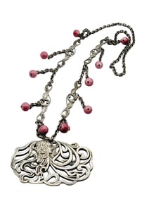 VINTAGE ART NOUVEAU GLASS SILVER TONE LADY PENDANT NECKLACE