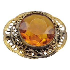 ANTIQUE CZECH GLASS BRASS W/ SAW TOOTH BEZEL BROOCH