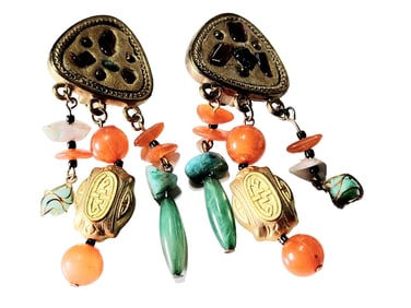 VINTAGE 80S MAYAN STYLE DANGLE EARRINGS