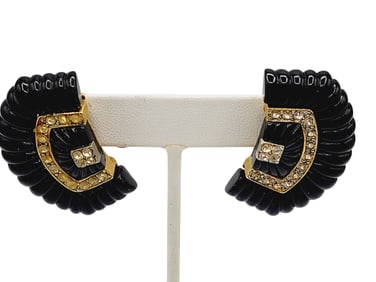 80'S MOLDED ACRYLIC RHINESTONE BLACK CLIP EARRINGS