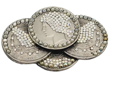 AMERICAN BUCKLE H1013 SIGNED HEAVY ENCRUSTED COIN BROOCH