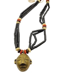 BRASS TRIBAL MASK VINTAGE PENDANT ON CLAY RESIN BEADED NECKLACE