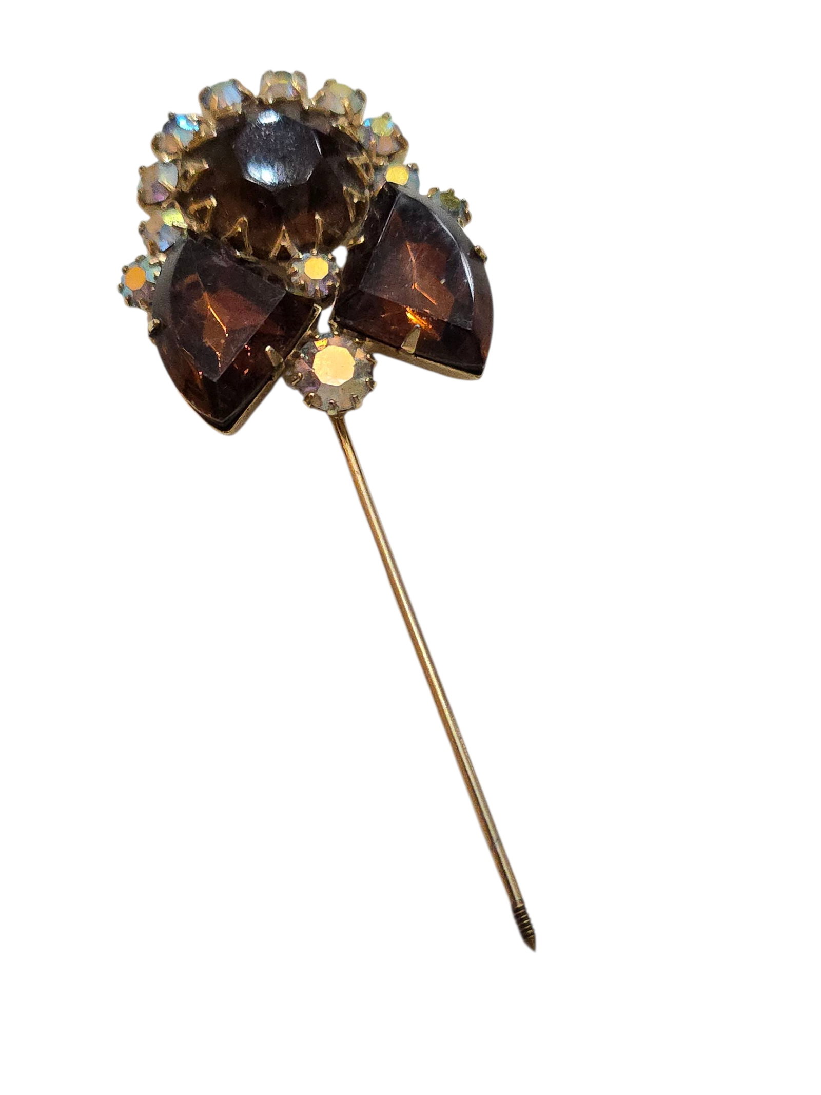 VINTAGE UNSIGNED RHINESTONE KEYSTONE STICK PIN POSSIBLE JULIANA: VINTAGE UNSIGNED RHINESTONE KEYSTONE STICK PIN POSSIBLE JULIANA. 3" IN LENGTH. IN GOOD CONDITION, NOT BOTTOM CLOSURE THAT SLIDES OVER PIN. BEAUTIFUL STONE.