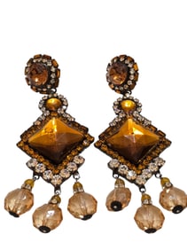 VINTAGE NOS LARRY VRBA TOPAZ/CLEAR CHANDELIER CLIP EARRINGS
