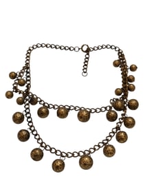 VINTAGE EARLY UNSIGNED MIRIAM HASKELL DOUBLE BIB NECKLACE WITH HANGING TEXTURED BRASS BEADS.