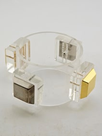 RARE UNSIGNED JULIE RUBANO WIDE LUCITE CUFF BRACELET WITH 2 TONE RAISED METAL SQUARES