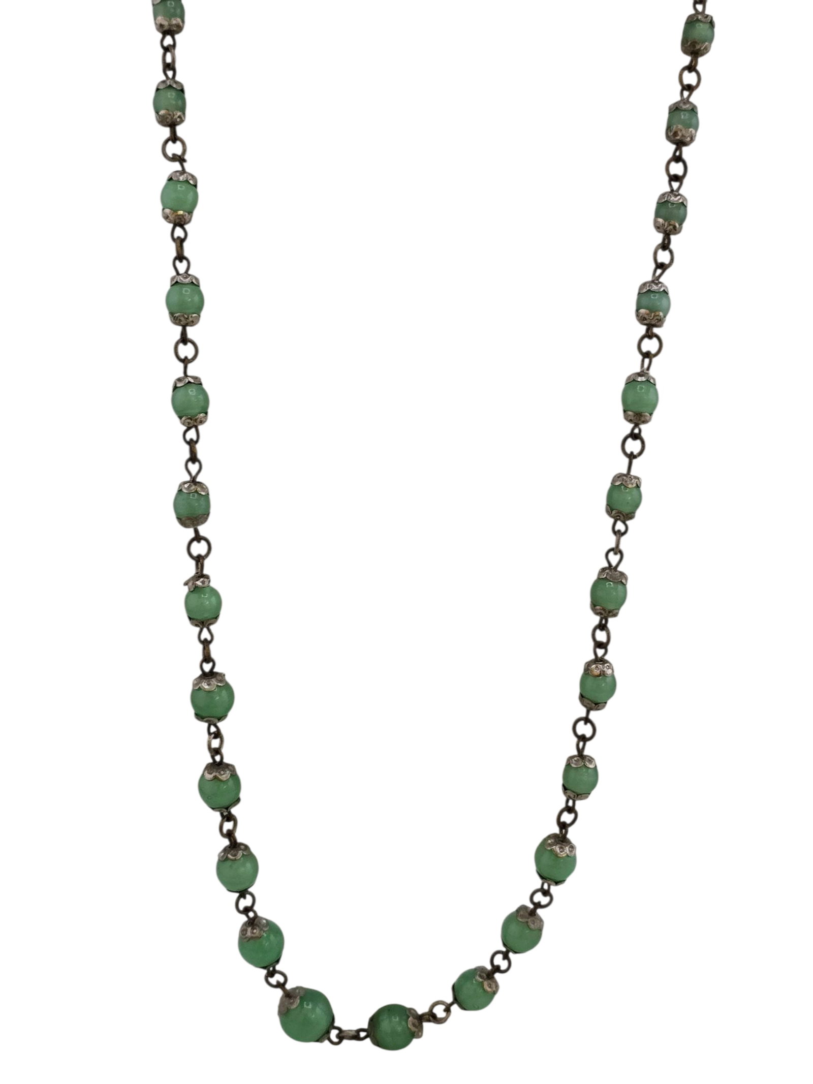 VINTAGE CZECH GLASS LINKED NECKLACE: VINTAGE CZECH GLASS LINKED NECKLACE. 22", IN VERY GOOD CONDITION, GRADUATED BEADS.