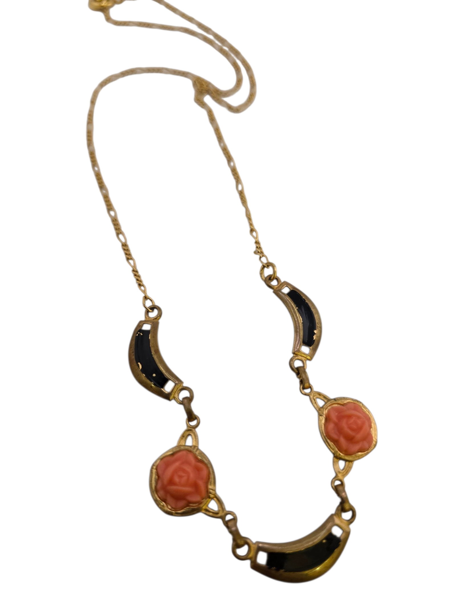 ANTIQUE MOLDED GLASS AND ENAMEL 30S NECKLACE: ANTIQUE MOLDED GLASS AND ENAMEL 30S NECKLACE. IN VERY GOOD CONDITION, THE CHAIN IS NEWER AND WAS ADDED TO THE BOTTOM PART. 22" SOME WEAR TO ENAMEL.