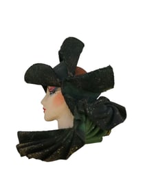 VINTAGE 80S RESIN AND FAUX LEATHER LADY BROOCH