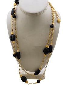 VINTAGE LONG SIGNED KL KARL LAGERFELD RESIN BEADED MATTE GOLD NECKLACE
