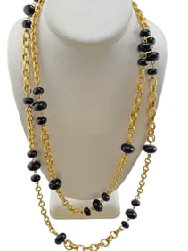 VINTAGE LONG SIGNED KL KARL LAGERFELD GLASS BEADED MATTE GOLD NECKLACE