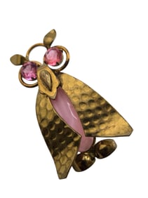 VINTAGE HARD TO FIND CZECHO BRASS GLASS & RHINESTONE OWL BROOCH