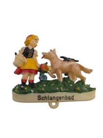 VINTAGE SIGNED GE GESCHÜTZT (CZECHOSLOVAKIA) SCHLANGENBAD CELLULOID BOY & DOG BROOCH