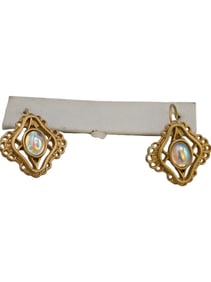 VINTAGE UNSIGNED FAUX OPAL HANGING PIERCED EARRINGS