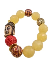 VINTAGE NOS BEE CHARMING BUDDHA WOOD & SEMI PRECIOUS BEADED STRETCH BRACELET
