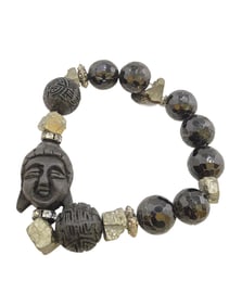 VINTAGE NOS BEE CHARMING BUDDHA WOOD, PYRITE & SEMI PRECIOUS BEADED STRETCH BRACELET
