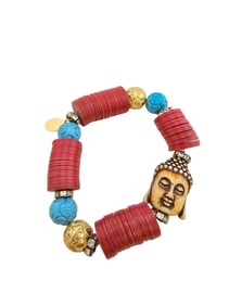 VINTAGE NOS BEE CHARMING BUDDHA WOOD & RECORD BEADED STRETCH BRACELET