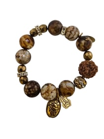 VINTAGE NOS BEE CHARMING SEMI PRECIOUS WOOD BEADED STRETCH BRACELET WITH EGYPTIAN CHARM
