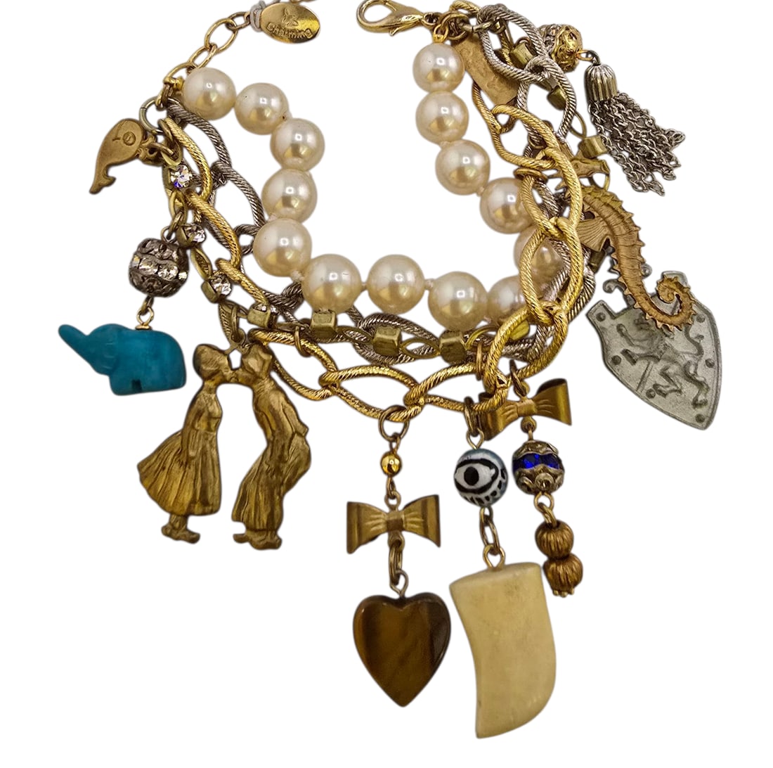 VINTAGE NOS BEE CHARMING GRANDMAS ATTIC MULTI CHAIN PEARL CHARM BRACELET: VINTAGE NOS BEE CHARMING GRANDMAS ATTIC MULTI CHAIN PEARL CHARM BRACELET. S&G CHAIN WOVEN TOGETHER WITH BEADED PEARL STRAND, SEMI PRECIOUS AND METAL CHARMS. ALL VINTAGE COMPONENTS, SIGNED. IT GOES TO 