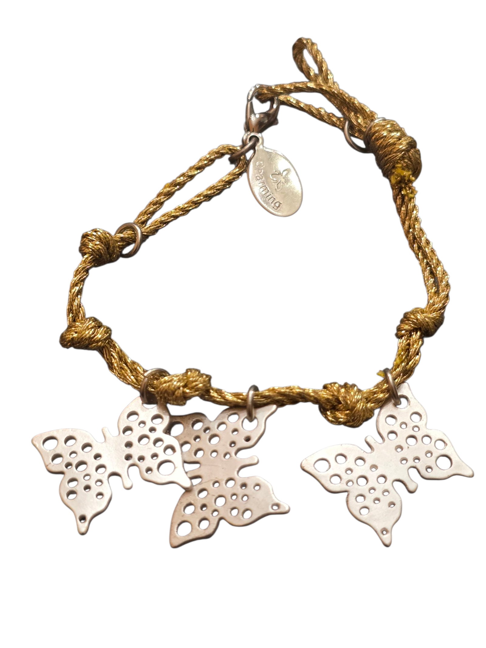 VINTAGE NOS BEE CHARMING BUTTERFLY CHARM CORD BRACELET: VINTAGE NOS BEE CHARMING BUTTERFLY CHARM CORD BRACELET. 7", IN VERY GOOD CONDITION. SIGNED.