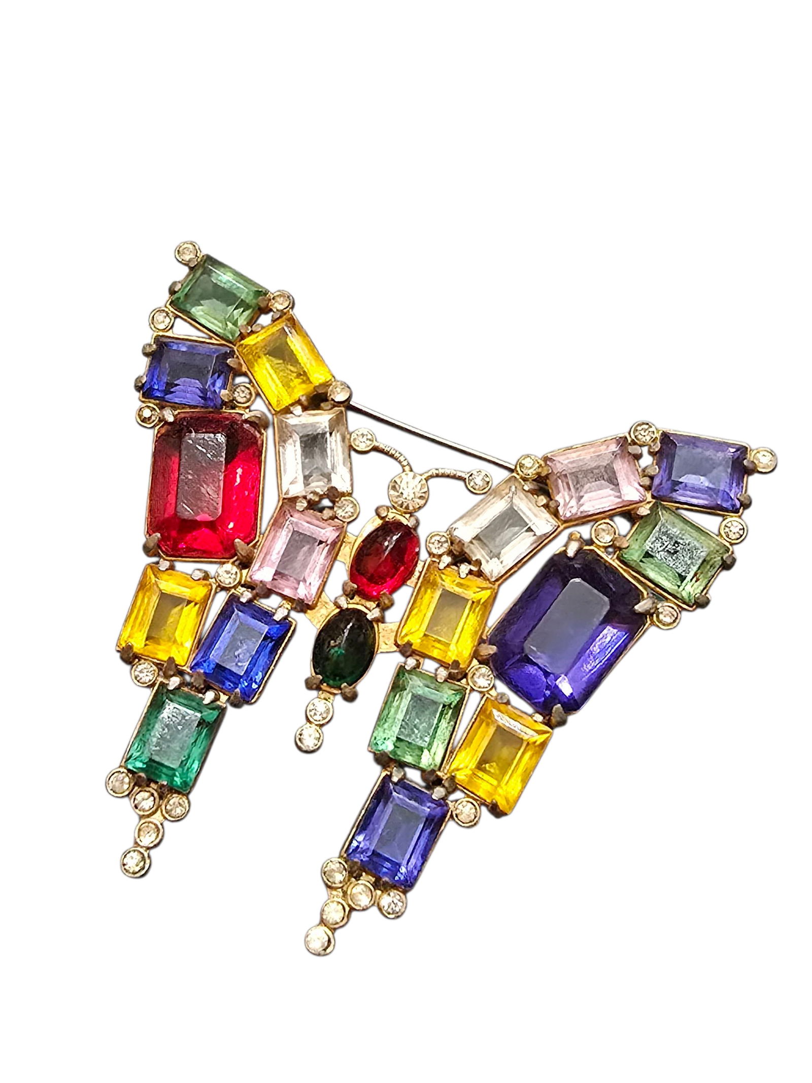 VINTAGE CZECH MULTICOLOR ACRYLIC STONE BUTTERFLY BROOCH (1 of 3)
