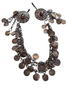 VINTAGE UNIQUE TRIBAL METAL DISCS AND GLASS HOOKS SWEATER CLIPS