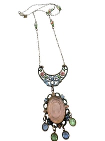 VINTAGE SIGNED GLASS WORKS STUDIO MOLDED GLASS SILHOUETTE AND ENAMEL NECKLACE