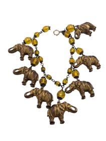 VINTAGE CRYSTAL AND PUFFY BRASS ELEPHANTS BRACELET
