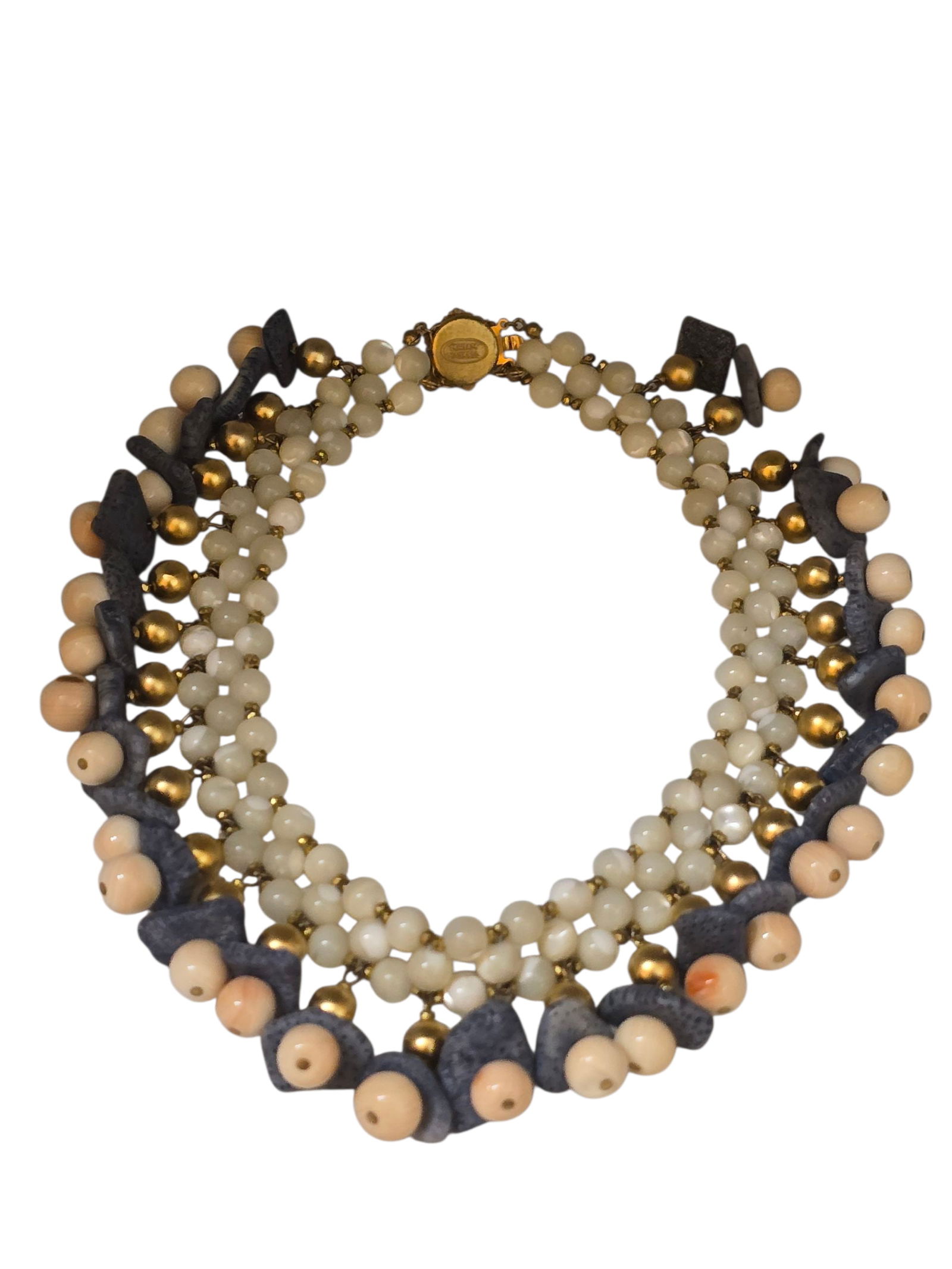 VINTAGE SIGNED MIRIAM HASKELL SEMI PRECIOUS AND GLASS BIB NECKLACE: VINTAGE SIGNED MIRIAM HASKELL SEMI PRECIOUS AND GLASS BIB NECKLACE. 15.5" + 1.5" HANGING DOWN. IN VERY GOOD CONDITION, PUSH IN CLASP.