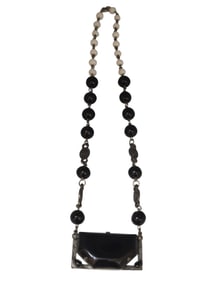 ANTIQUE UNIQUE CZECH BLACK AND WHITE GLASS PENDANT NECKLACE