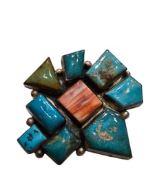 SIGNED SAM PIASO NATIVE AMERICAN STERLING TURQUOISE AND SPINY OYSTER BROOCH OR PENDANT