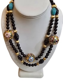 VINTAGE SIGNED GLASS AND CLOISONNE BEAUTIFUL DOUBLE STRAND NECKLACE