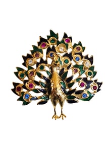 CONTEMPORARY ENAMEL RHINESTONE PEACOCK BROOCH